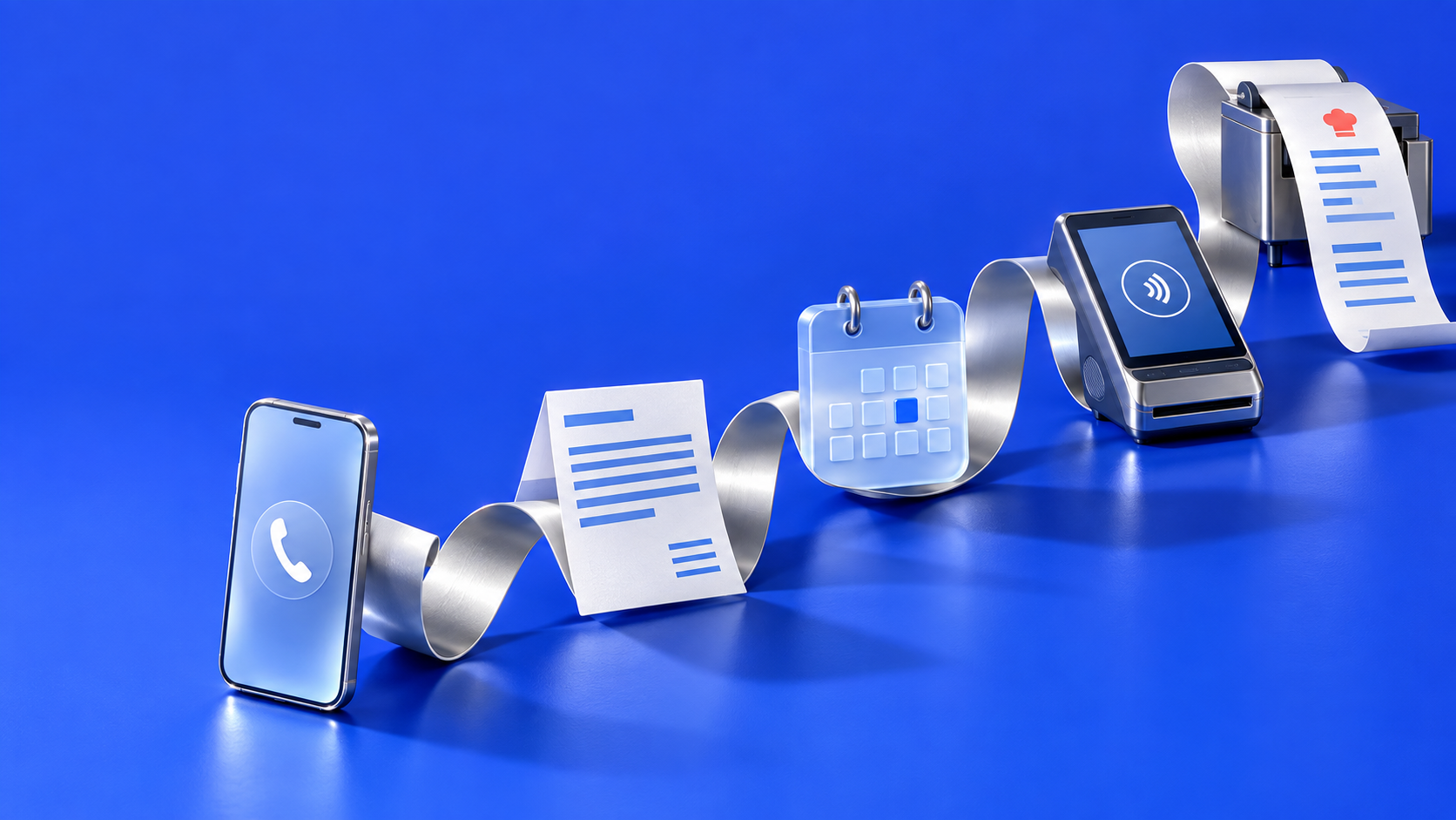 Sculptural paper and chrome routes connecting a phone enquiry, quote, calendar and ordering terminal.